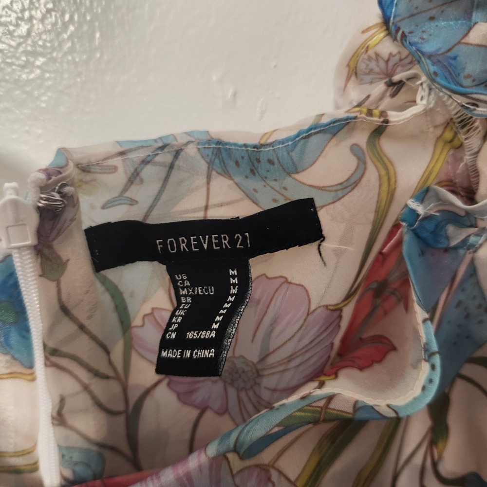 Forever 21 Floral Pastel Organza Puff Sleeve Babydoll Mini Dress Vtg Y2K Medium - Picture 6 of 16